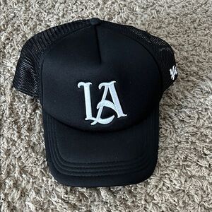 YoungLA Black Trucker Cap with White LA Logo
